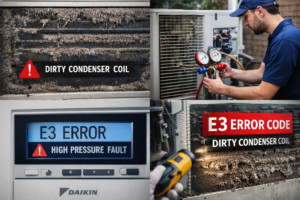 AI-generated collage showing dirty condenser coil, technician checks, and Daikin E3 error visuals